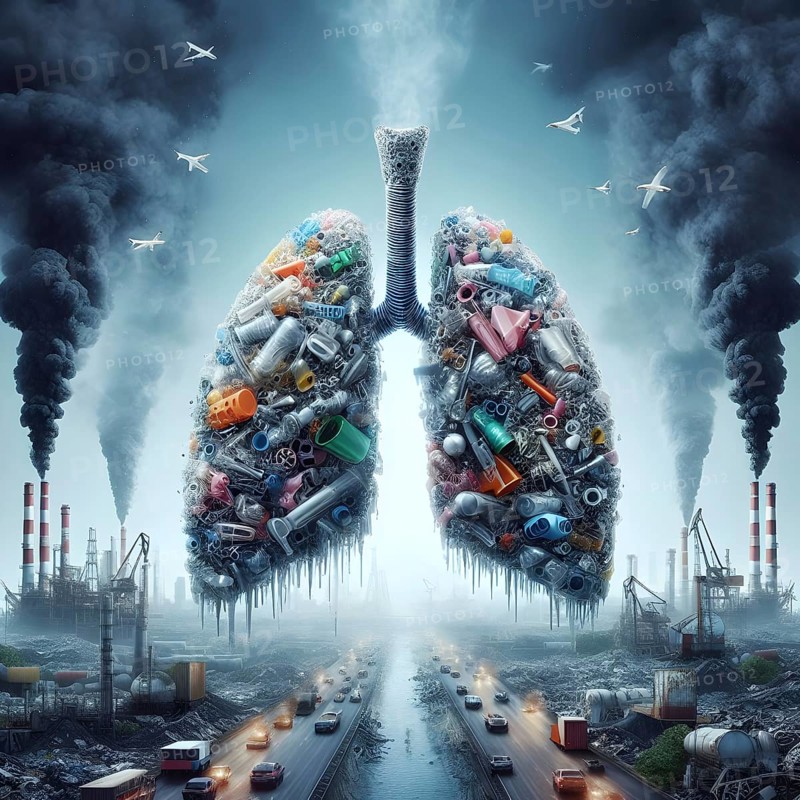 Air Pollution city and people suffers lung disease. Industrial pollution. Industrial smoke. Plastic pollution. Human lungs. AI generated