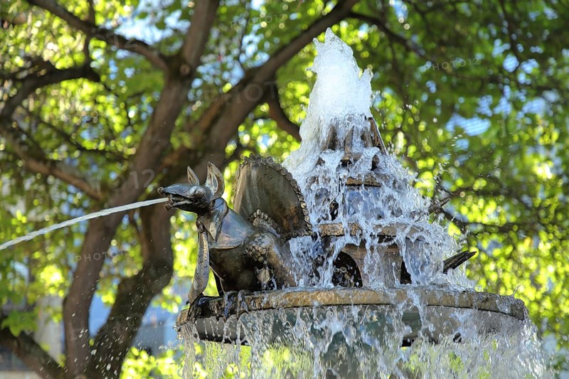 Dragon as mythical creature from the Elwetritschenbrunnen by Gernot Rump 1978, sculpture, work of art, figure, water feature, in Neustadt an der Weinstraße, Rhineland-Palatinate, Germany, Europe