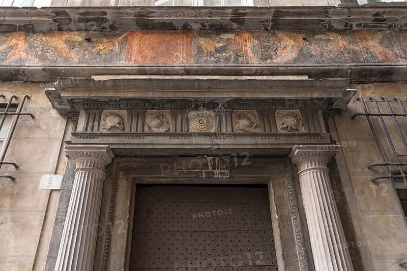 Historical frescoes above the entrance door at Palazzo Pinelli Parodi in the historic centre, Piazza Pinelli no. 2, Genoa, Italy, Europe