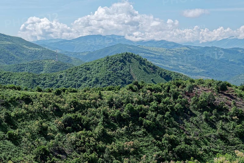 Wooded slopes in the southern Albanian mountain landscape on the western foothills of the Tomorr massif in Tomorr National Park, also Tomorri National Park. Berat, Albania, Southeast Europe, Europe