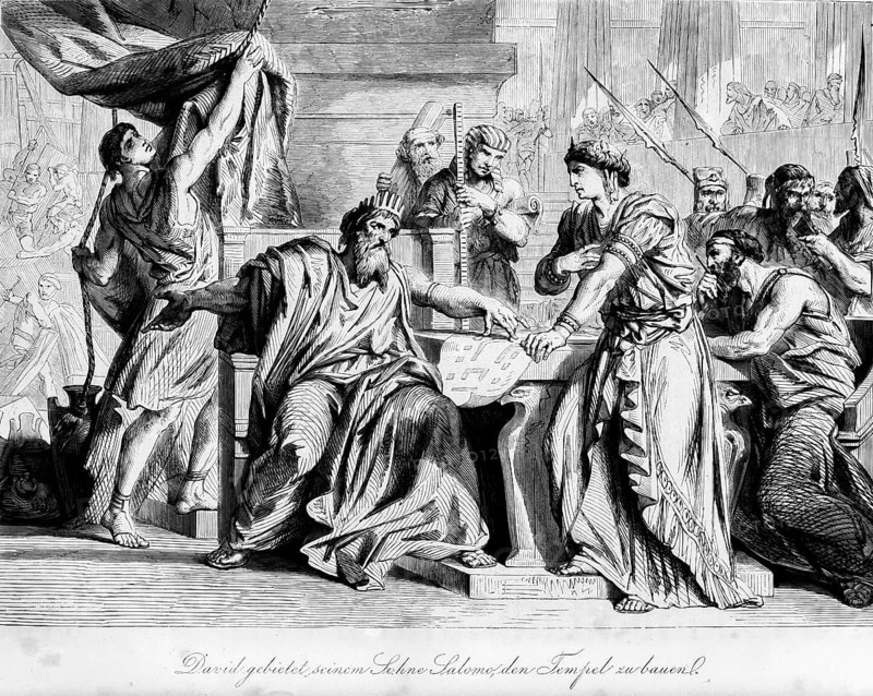 David commands his son Solomon to build the temple, son, crowd, king, table, sitting, drawing, architecture, curtain, interior, weapons, Bible, Old Testament, First Book of Chronicles, chapter, verse, historical illustration circa 1850
