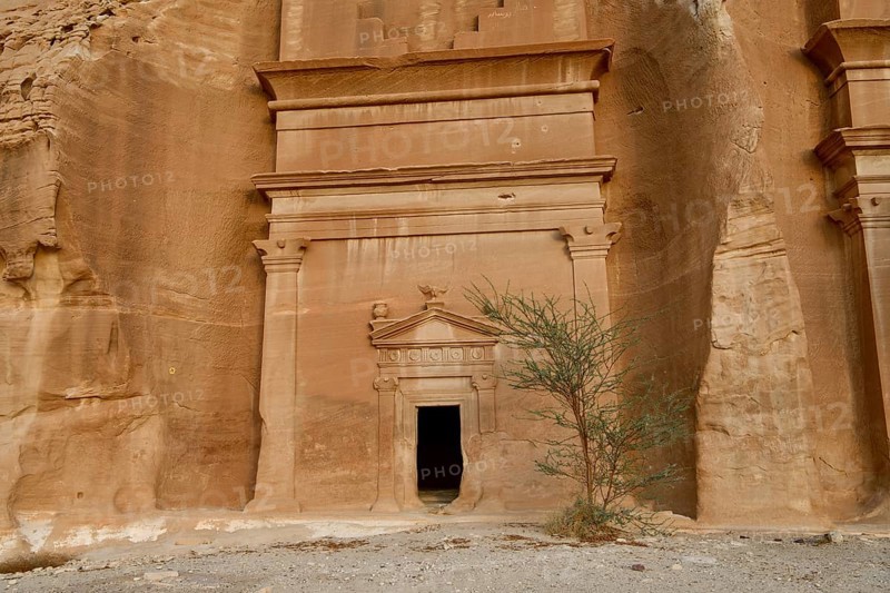 Nabataean tomb at the rock Qasr Al-Bint, Hegra or Mada'in Salih, AlUla region, Medina province, Saudi Arabia, Arabian Peninsula, Asia