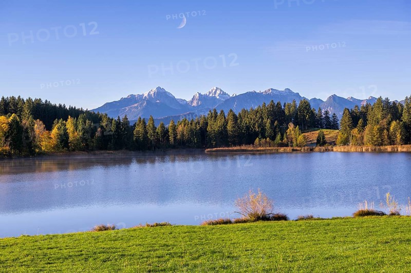 Photomontage, Hegratsrieder See near Füssen, moon, Allgäu Alps, Allgäu, Bavaria, Germany, Europe