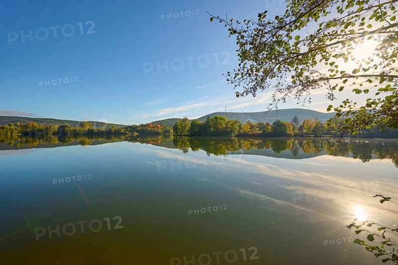 Lake, reflection, sky, clouds, sunrise, autumn, Freudenberg, Odenwald, Baden-Württemberg, Germany, Europe