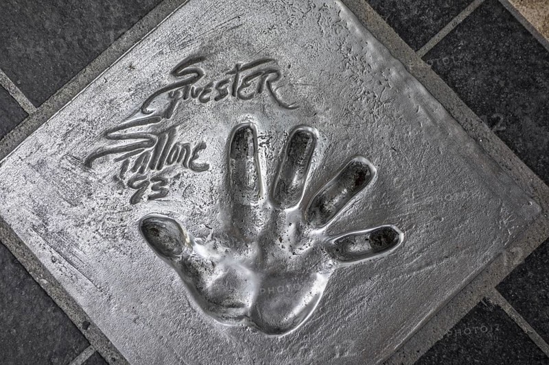 Handprint of American actor Sylvester Stallone at the Esplanade Georges Pompidou in the city Cannes, French Riviera, Provence-Alpes-Côte d'Azur, France, Europe