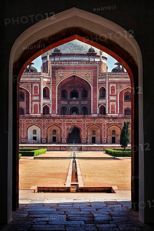 Delhi Indian tourist landmark Humayun's Tomb view through arch. Delhi, India, Asia