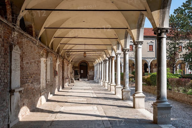 Cloister with tombs, church Chiesa di San Michele in Isola, cemetery island of San Michele, Venice, Italy, Europe