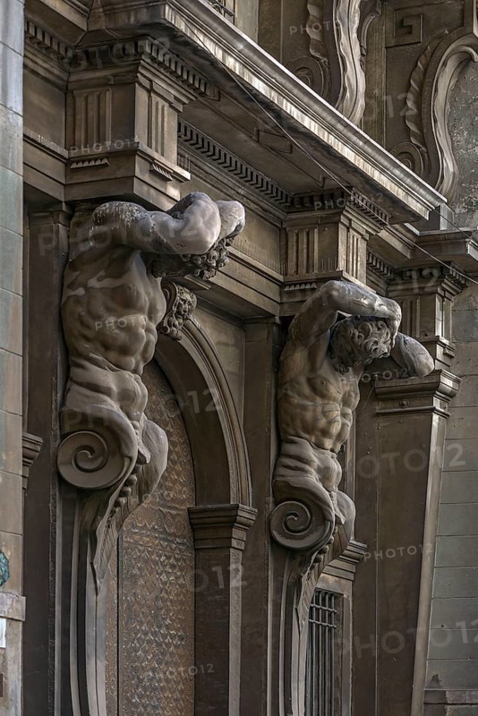 Atlases at the entrance portal Palazzo Gio Carlo Brignole, built in 1671, today used as an office and residential building, Piazza della Meridiana, 2, Genoa, Italy, Europe