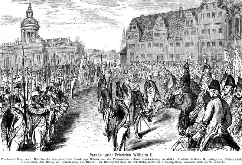 Parade under King Frederick William II, Elector of Brandenburg, parade formation, the bodyguard, in the retinue Field Marshal von Müllendorf, Duke of Brunswick, Blücher, Cathedral Church, St Mary's Church, Berlin, Prussia, historical illustration 1882