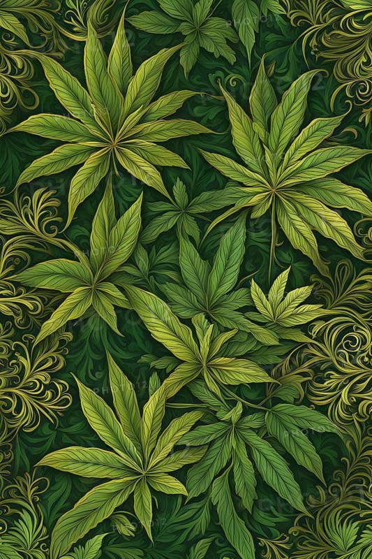 Abstract wallpaper highlighting stylized cannabis leaves in vibrant green and golden colors, AI generated