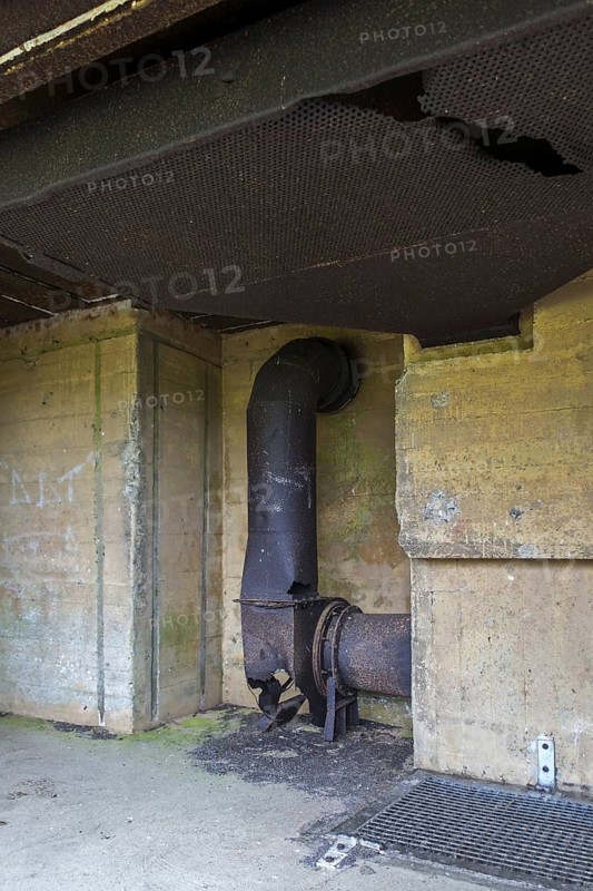 Extractor hood, exhaust hood, damper in WWII artillery bunker at the Batterie d'Azeville, Azeville Battery, Normandy, France, Europe