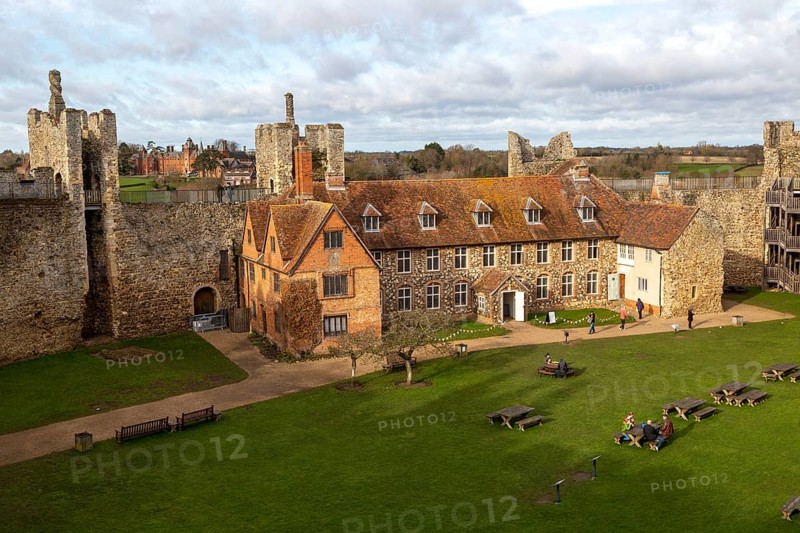 View from wall over interior of castle, Framlingham, Suffolk, England, UK, Framlingham College in background