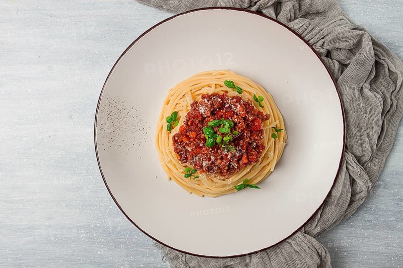 Spaghetti Bolognese, top view, close-up, no people, homemade