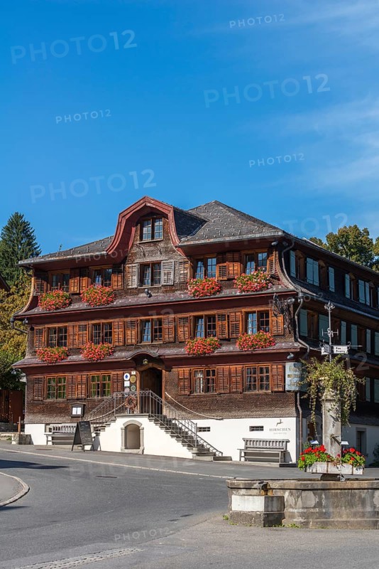 Schwarzenberg, village square with fountain, inn, Bregenz district, Bregenzerwald, wooden house, architecture, flower boxes, Voralberg, Austria, Europe