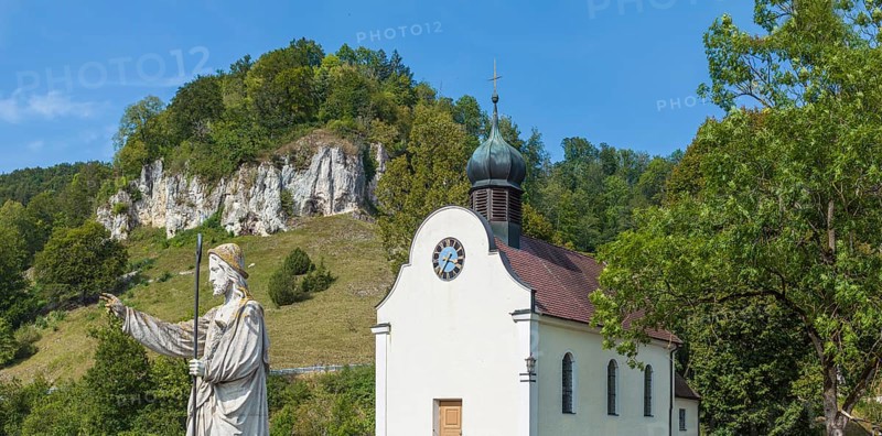 The Good Shepherd, statue next to the Chapel of the Sorrowful Mother of God in Hütten in Schmiechtal. Swabian Alb, Schelklingen, Baden-Württemberg, Germany, Europe
