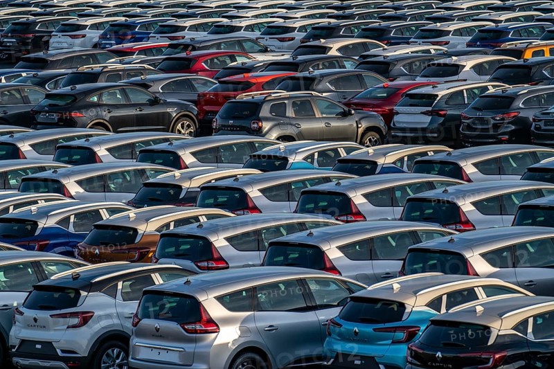 Car terminal in the Logport I inland port, in Duisburg on the Rhine, vehicle handling of new cars, storage area, North Rhine-Westphalia, Germany, Europe