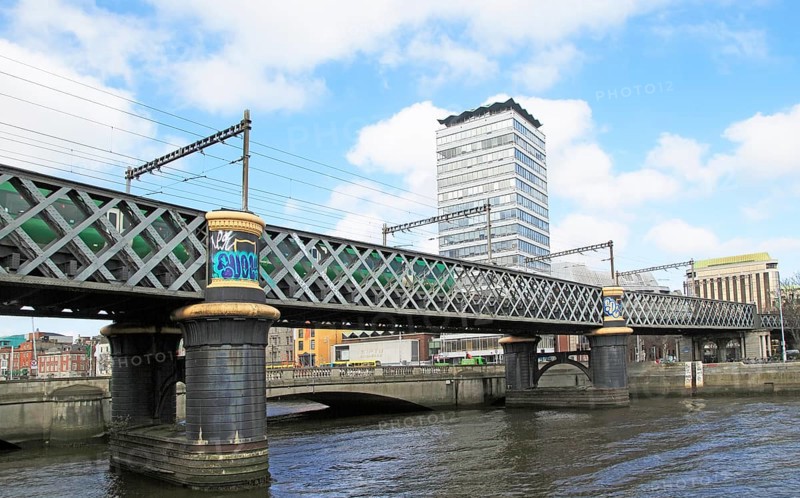 Loopline rail bridge or Liffey viaduct spanning river from Pearse railway station, Dublin, Ireland, built 1891 designed by John Chaloner Smith, Europe