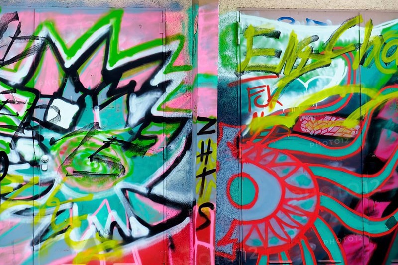 Colourful graffiti artworks cover two walls, showing abstract shapes and tags in an urban environment, Rhineland-Palatinate, Germany, Europe