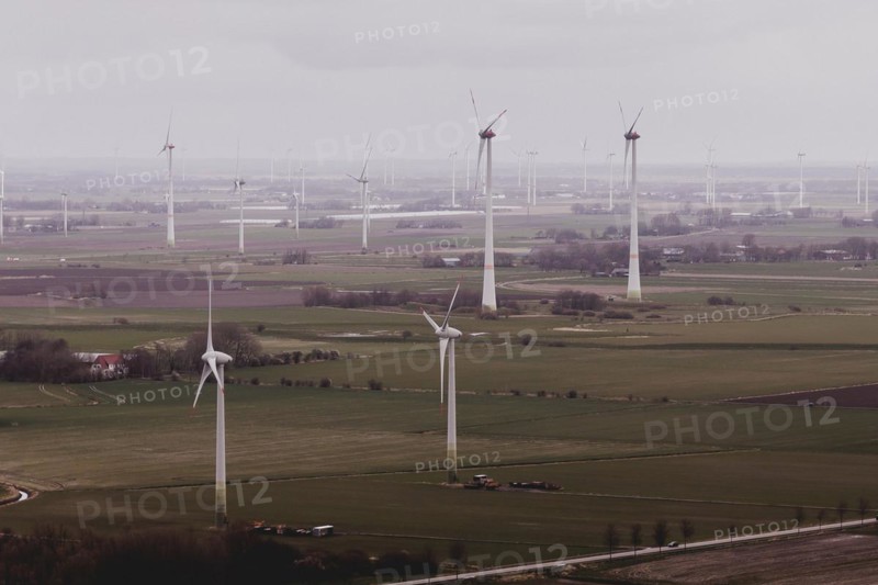 Aerial view of wind turbines, taken near Wischhafen, 25/03/2024