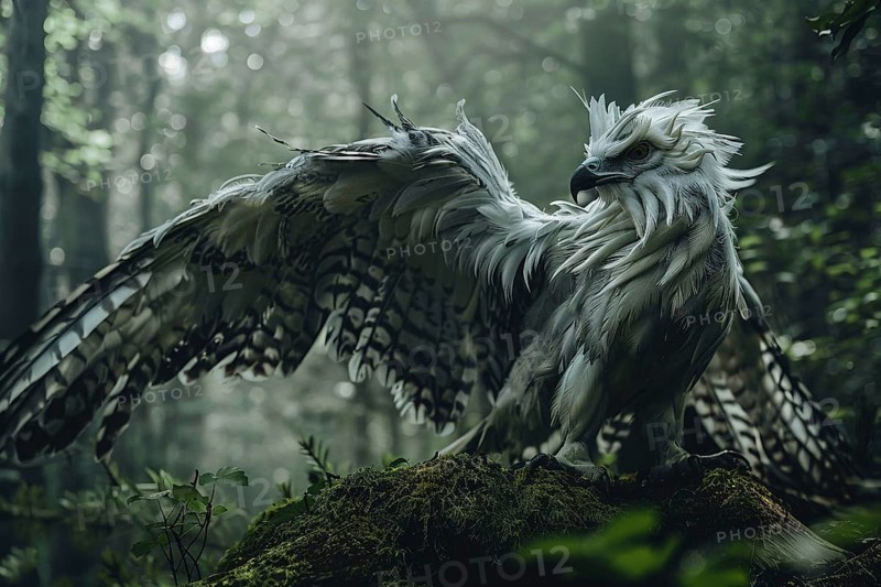 White griffin bird in forest. Generative Ai, AI generated