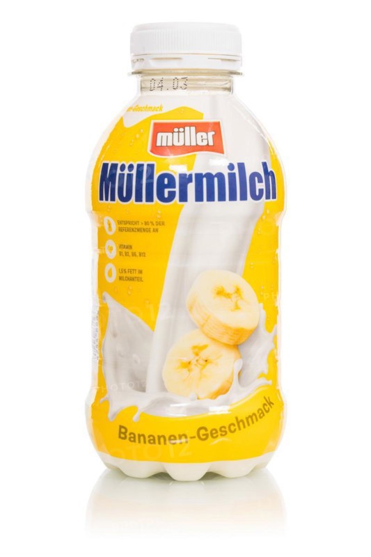 Müllermilch banana flavour in the bottle of the company Theo Müller cropped in front of a white background