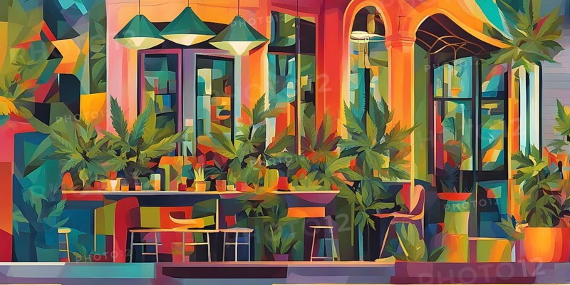 Abstract composition of a cannabis cafe with ambiance bold contrasting colors and playful shapes, AI generated