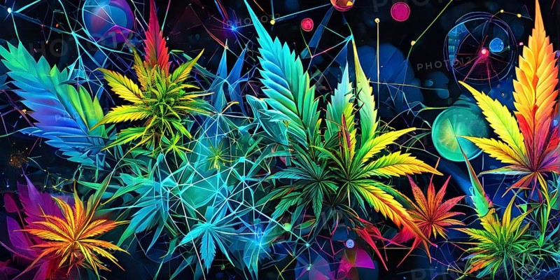 Abstract painting of chemical structure of thc and cbd interlocking geometric shapes, AI generated