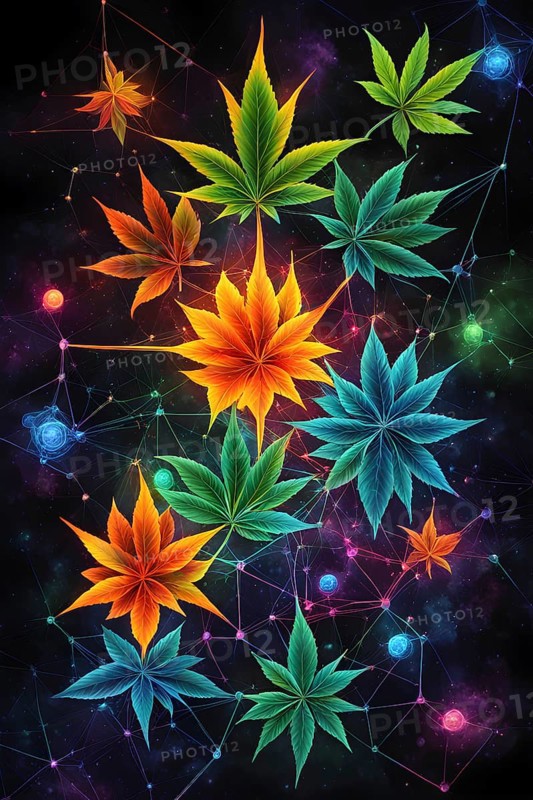 Abstract painting of chemical structure of thc and cbd interlocking geometric shapes, AI generated