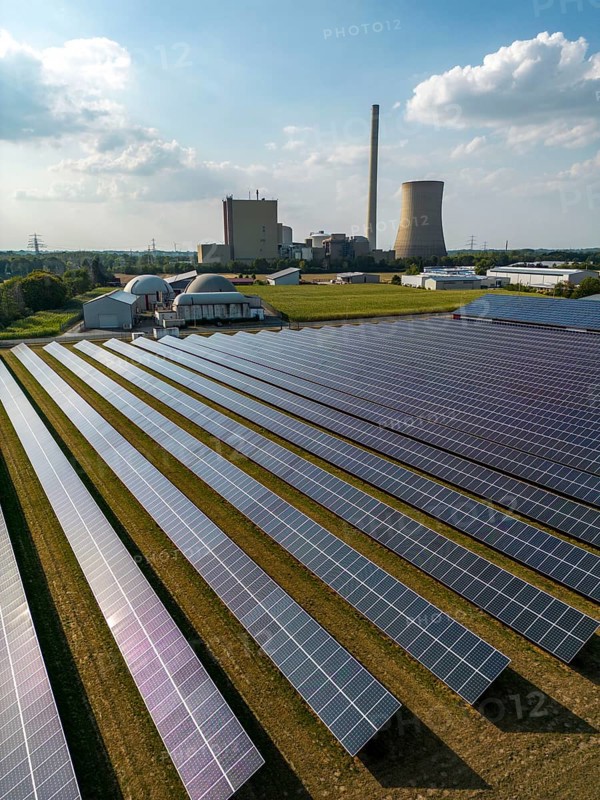 The Heyden power plant, coal-fired power plant, which was shut down in July 2021 and kept as a grid reserve and will be temporarily reconnected to the grid at the end of August 2022 as part of the energy crisis, photovoltaic system and biogas plant in the neighbourhood, Petershagen, North Rhine-Westphalia, Germany, Europe