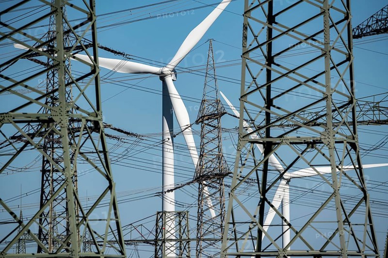 Part of a line route, 380 KV extra-high-voltage line, wind turbine, near Hüchelhoven, district town of Bergheim, Rhein-Kreis-Neuss, North Rhine-Westphalia, Germany, Europe
