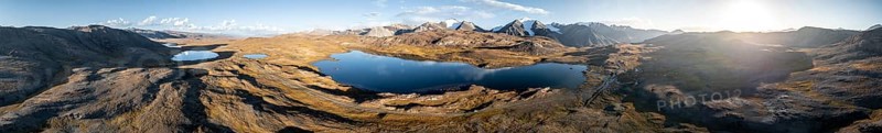 Panorama, aerial view, mountain peaks and mountain lake, evening mood, Arabel Lake at Arabel Pass, Issyk Kul Province, Kyrgyzstan, Asia