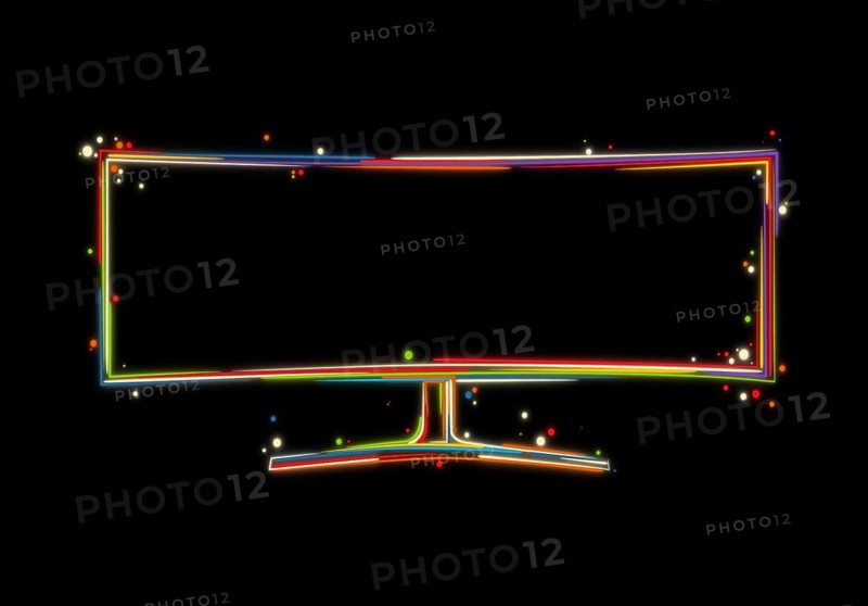 Front view of a ultrawide monitor Hand drawn stylized vector illustration in colors over black background