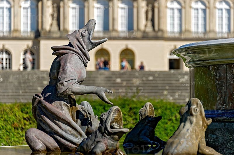 Farmer's wife in transformation from human to frog, hybrid creature, figure, gargoyle at the Latona Fountain, Latona Fountain, fountain, castle park, Herrenchiemsee Castle, Herreninsel, Chiemsee, Chiemgau, Upper Bavaria, Bavaria, Germany, Europe
