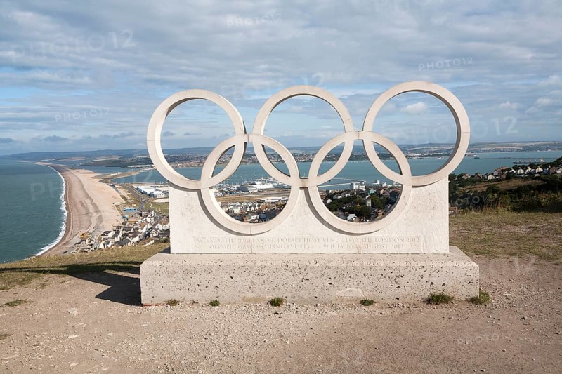 Olympic Rings memorial from London 2012 marking Weymouth and Isle of Portland as venue for sailing events, Dorset, England, United Kingdom, Europe