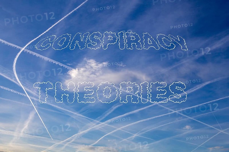 Symbolic image Conspiracy Theories : Sky with contrails with the words Conspiracy Theories
