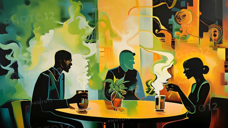 Abstract composition of a cannabis cafe with ambiance bold contrasting colors and playful shapes, AI generated