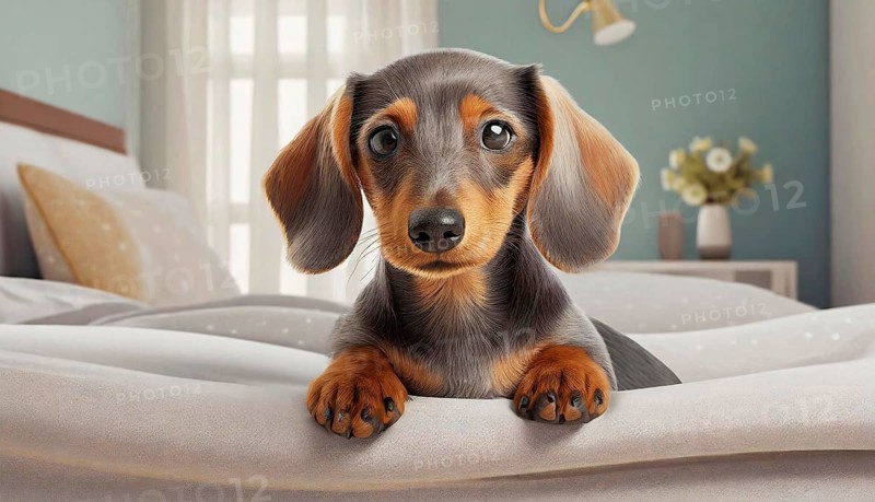 Dachshund (Canis lupus familiaris), cute puppy lying on bed in bedroom, dog breed, animal child, AI generated, AI generated