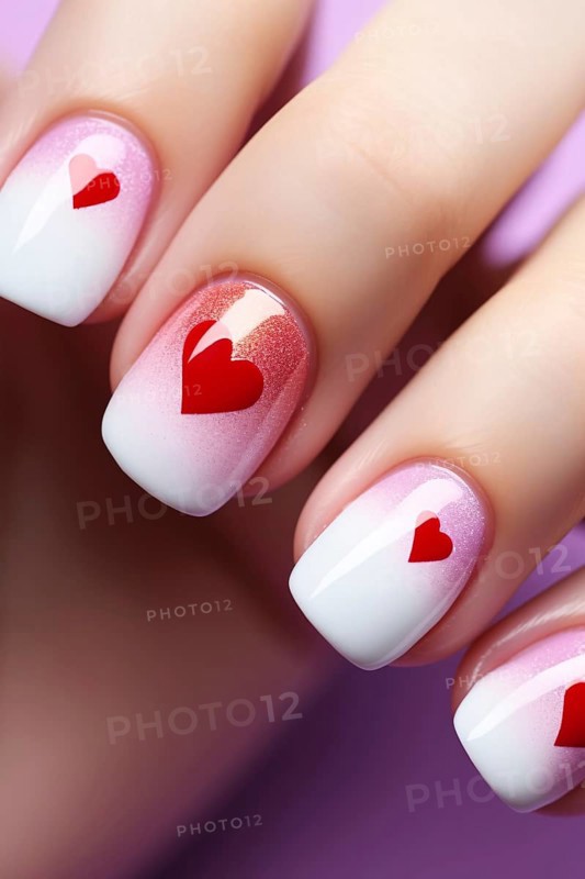 Woman's fingernails with Valentine red hearts on pink and white base nail art deisgn. KI generiert, generiert AI generated