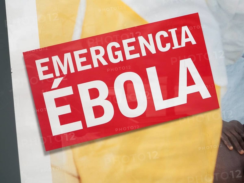 Close up of charity advert fundraising for Ebola emergency in West Africa, Spain, Europe