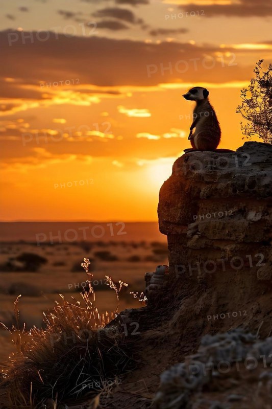 Meerkat silhouetted against the setting sun standing atop a termite mound in the kalahar desert, AI generated