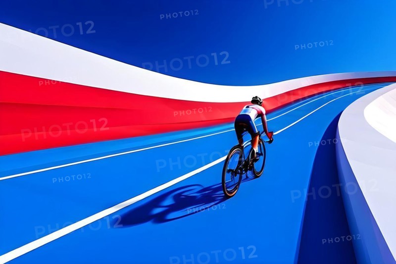 Series of vertical staggered lines suggesting the rhythm and speed of cyclists at olympic games, colors in french tricolor blue, white and red, AI generated