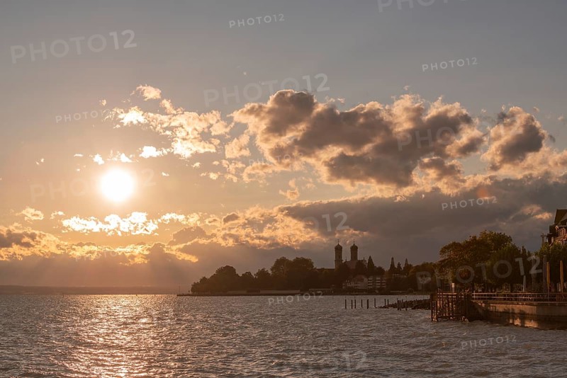 Baroque castle church, double tower, onion dome, evening light, Friedrichshafen on Lake Constance Baden-Württemberg, Germany, Europe