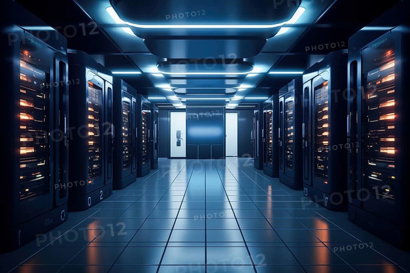 A modern data center with rows of server racks, high technology, artificial intelligence AI and data cloud computing computer systems storage and telecommunications, AI generated