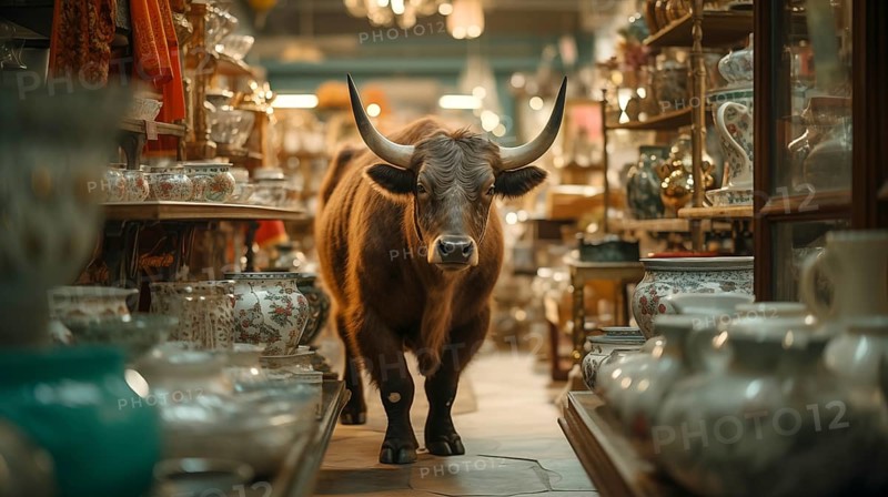 Very large bull with horns in a China shop filled with glassware. generative AI, AI generated