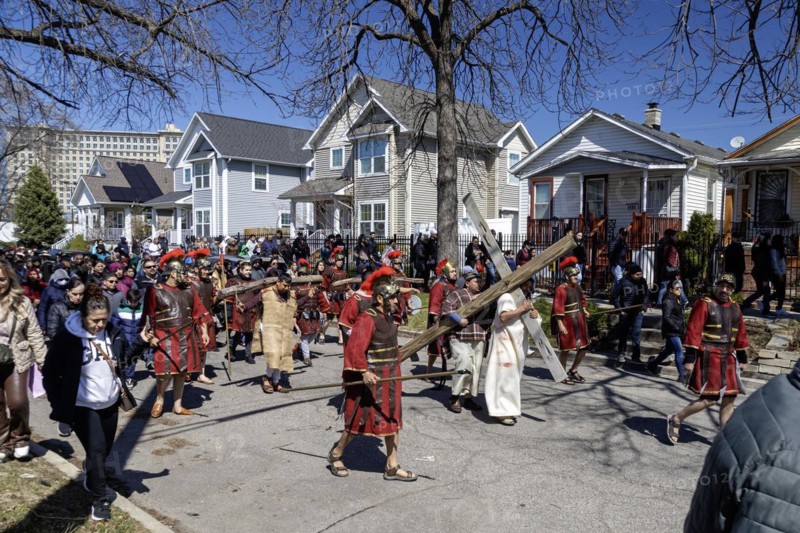 Detroit, Michigan, The Stations of the Cross are portrayed, in Spanish, on Good Friday at the Catholic Basilica of Ste. Anne. Ste. Anne was founded by French colonists in 1701. The church now serves a mostly Mexican-American community