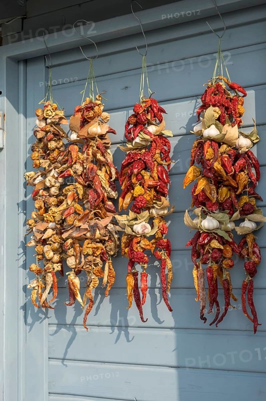 Threaded dried chilli peppers, garlic, bay leaves, market sale, Croatia, Europe