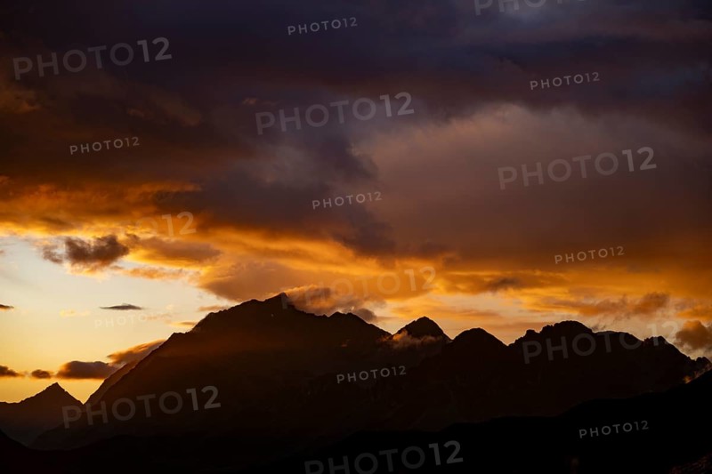 Montafon mountains with dramatic cloudy sky at sunset, Tschagguns, Rätikon, Montafon, Vorarlberg, Austria, Europe