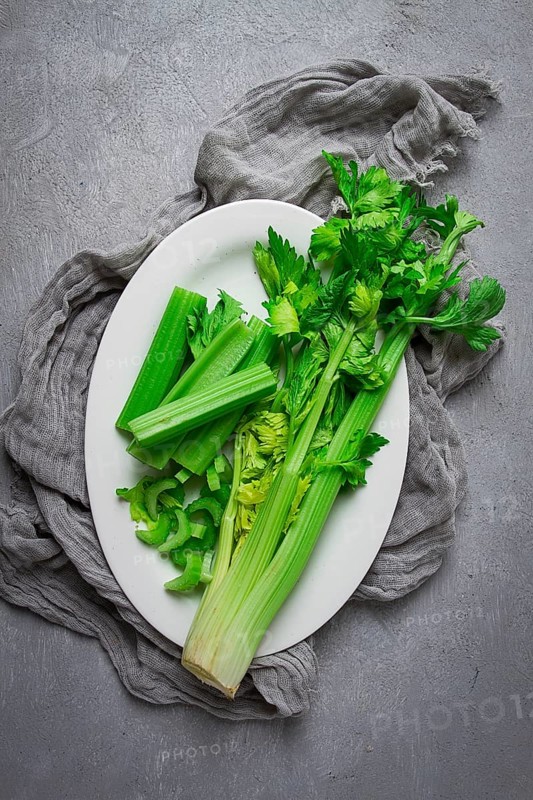 Fresh bunch of celery, top view, no people