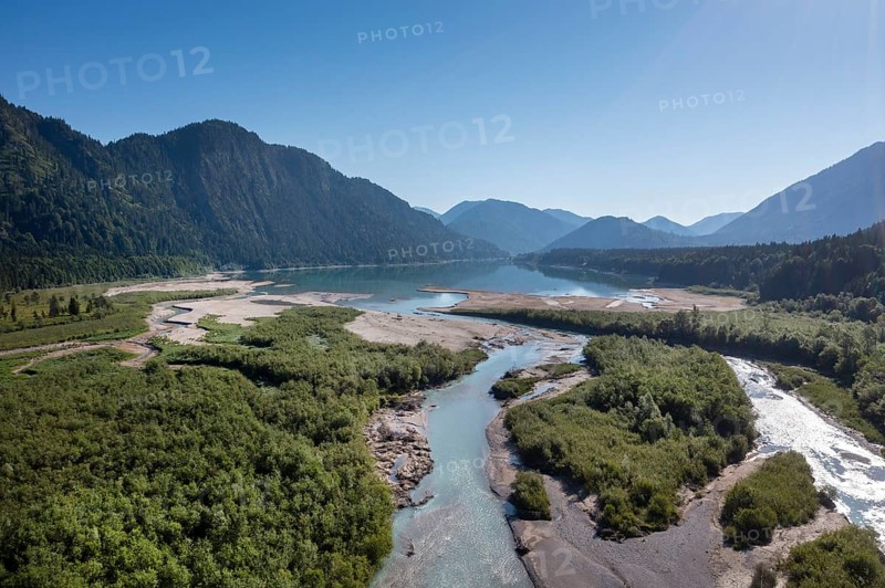 Upper Isar at the Sylvenstein reservoir, Isar at the inlet to the Sylvensteinsee, near Lenggries, Isarwinkel, aerial view, Upper Bavaria, Bavaria, Germany, Europe