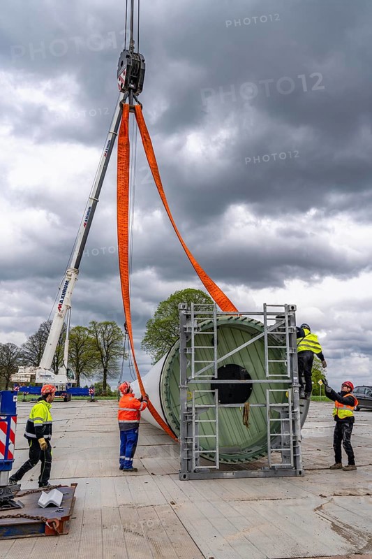 Preparation for the transport of a 68 metre long blade, a wind turbine, with a self-propelled Blade-Lifter vehicle, over a 40 km long route in the Bergisches Land, through towns, villages, over country roads, narrow through roads, to the construction site of the wind turbine near Hagen, North Rhine-Westphalia, Germany, Europe